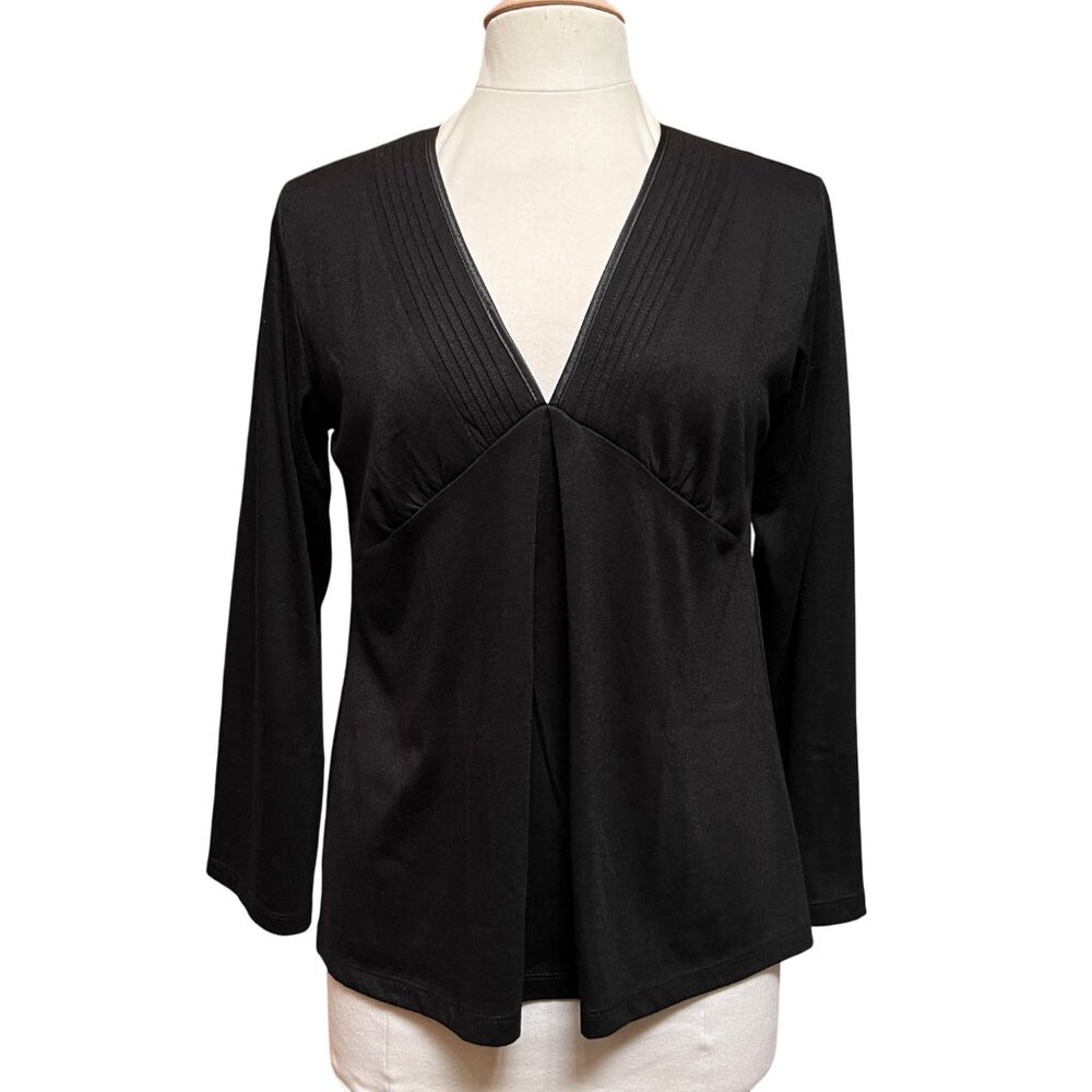 Jones New York Womens Lg Black V Neck Top Babydoll Pleated Goth Career Office‎